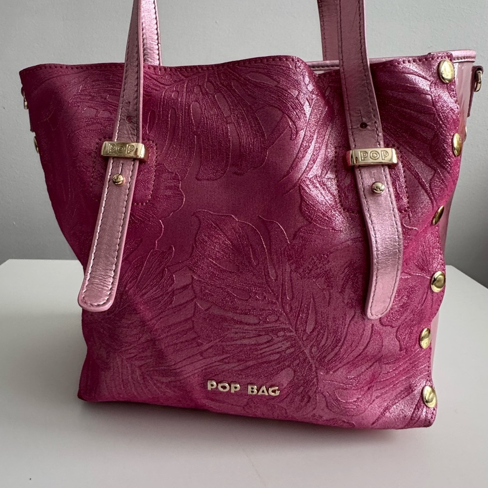 POP BAG Italy Fuchsia Embossed Shimmer Tote Plastic Leather Retail $138